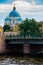 Trinity Cathedral, view of Kryukov canal and bridge. Blue domes with yellow stars. Russia, St. Petersburg