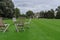 Trinity College Garden Quad, view of folding chairs, Oxford, United Kingdom