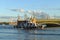 Trinity Troitsky Drawbridge lets through Newest antidiversionary boat Nosov Vladimir going along Neva River. St. Petersburg