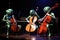 a trio of alien musicians playing their instruments in harmony at a concert hall