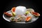 Trio Ceviche, marinated seafood dish, scallop, sea bass, tuna. Haute cuisine. On a black background