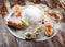 Trio Ceviche, marinated seafood dish, scallop, sea bass, tuna. Haute cuisine. On a wooden background