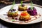 trio of colorful vegan latkes on white plate