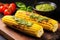 trio of grilled corn cobs on a slate platter
