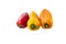 Trio of mini peppers multicolored, aligned, head forward, on white background