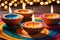 Trio of Ornately Decorated Clay Diya Lamps: Gentle Flickering Flames Casting Soft Warmth