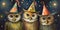 A trio of owls wearing whimsical party hats, poised against a festive background, inviting observers to a playful
