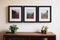 trio of picture frames showing diverse landscapes on a wall