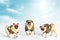 A trio of three cute pug dogs wearing Santa costume for Christmas over light winter background. Elf