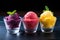 a trio of vibrant fruit sorbets in clear bowls