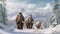 A trio of woolly mammoths trudges over snow covered hills. Behind them, mountains with snow covered peaks rise above dark green