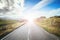 Trip or adventure: Abandoned, idyllic road in Scotland, Isle of Skye. Bright sunbeam