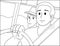 Trip, journey. Two young guys are driving in a car on the road. Vector black and white flat