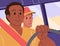 Trip, journey. Two young guys are driving in a car on the road. Vector colored flat.