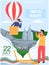 Trip to Busan travel poster with man in hot air balloon looks through binocular in South Korea