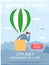 Trip to Busan travel poster with man in hot air balloon looks through binocular in South Korea