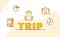 trip typography word art background of icon backpack compass pointer location map earth plane with outline style