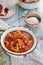 Tripe soup with tomatoes. Italian cuisine.