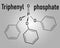 Triphenyl phosphate molecule. Used as flame retardant and plasticizer. Skeletal formula.