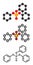 Triphenyl phosphate molecule. Used as flame retardant and plasticizer. Stylized 2D renderings and conventional skeletal formula.