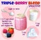 Triple berry smoothie recipe illustration with raspberry, strawberry, milk, blackberry, ice cubes, sugar. Milkshake
