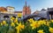 Triple bridges and Franciscan church with yellow flowers in the foreground on bright sunny day, Ljubljana, Slovenia
