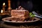 a triple chocolate mousse cake, artfully displayed on a rustic wooden table