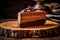 a triple chocolate mousse cake, artfully displayed on a rustic wooden table