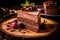 a triple chocolate mousse cake, artfully displayed on a rustic wooden table