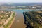 Triple Frontier, tri-border junction of Paraguay, Argentina and Brazil. Iguazu and Parana rivers confluence. Aerial drone photo.