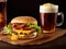 Triple meat burger with bacon and yellow cheese with cola or beer