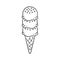 Triple scoop ice cream with sprinkles on sugar cone line art outline cartoon illustration.