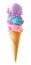 Triple scoop pastel theme ice cream cone isolated on a white background