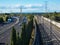 Triple track highway next to a double train track near Cavaillon in Provence in France