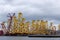 Tripods for supporting wind turbines awaiting relocation in the North Sea, photographed at port in Cromarty, Scotland UK.