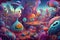 trippy alien world filled with bizarre and colorful creatures