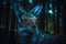 trippy animal with glowing eyes in dark forest