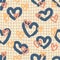 Trippy grid seamless pattern with hearts on checkered background. Groovy print for T-shirt, paper, fabric and stationery. Hand