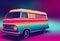 Trippy psychedelic van 1960s driving through surreal dreamy magical landscape with vibrant rainbow colors. Generative AI