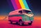 Trippy psychedelic van 1960s driving through surreal dreamy magical landscape with vibrant rainbow colors. Generative AI