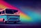 Trippy psychedelic van 1960s driving through surreal dreamy magical landscape with vibrant rainbow colors. Generative AI