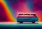 Trippy psychedelic van 1960s driving through surreal dreamy magical landscape with vibrant rainbow colors. Generative AI