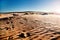 Trips and adventures. Morocco desert landscape and footprints in the sand. Scenic sunset