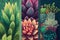 Triptych of succulent plants close up. Painting like digital art. Banner design.