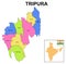 Tripura map. Showing State boundary and district boundary of Manipur map. Political and administrative colorful map of Tripura wit