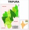 Tripura map. Showing State boundary and district boundary of Manipur map. Political and administrative colorful map of Tripura wit