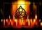 Triquetra, Trinity Knot, Wiccan symbol for protection. Blurred fire background of burning magic candles. Vector mystic background