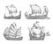 Trireme, caravel, drakkar, junk. Set sailing ships floating sea waves.