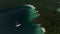 Triton Bay: Boat On Turquoise Sea And Green Tropical Trees In Kaimana Islands. Aerial View Of Wide Angle Nature