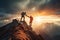 Triumph of friendship as two hikers help each other reach the mountain summit, catching in the golden glow of a sunset on top. Ai